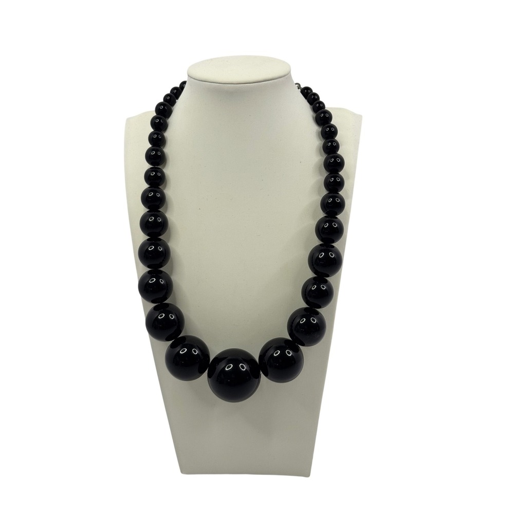 Black Graduated Chunky Bead Statement Necklace Polished Round Spheres Stackable